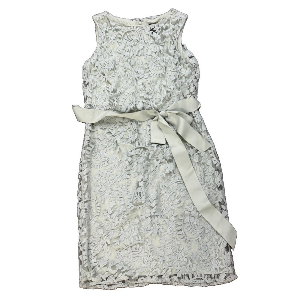 Adrianna Papell Women's Size 14 Sage Green Lace Sheath Dress Satin Tie Belt